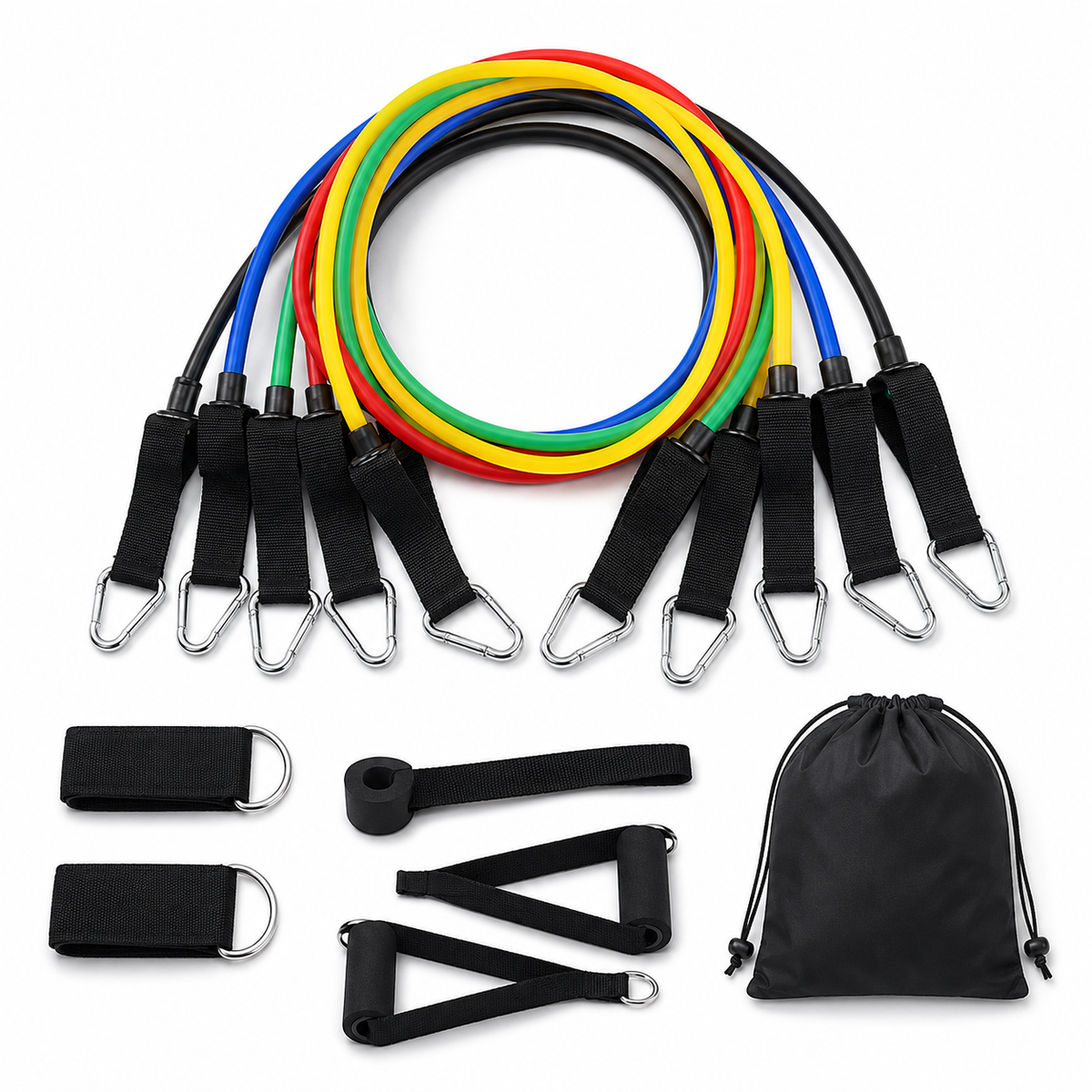 11-piece resistance band set with five coloured tubes, handles, ankle straps, door anchor and carry bag