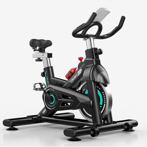 Indoor exercise bike with adjustable seat and handlebars, display and black steel frame