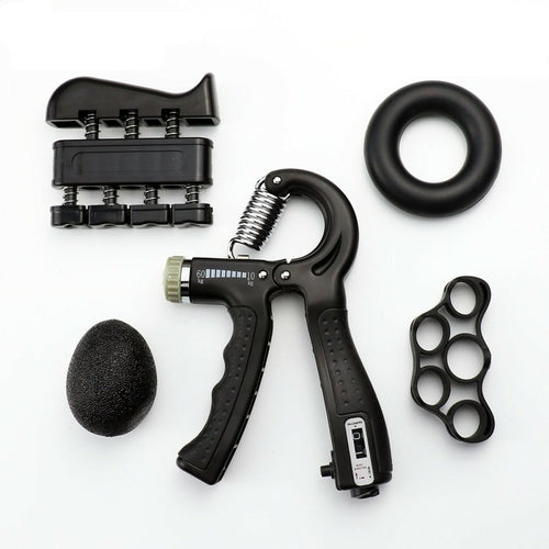Black five-piece hand grip set with counting gripper, finger exerciser, grip ring, finger band and squeeze ball